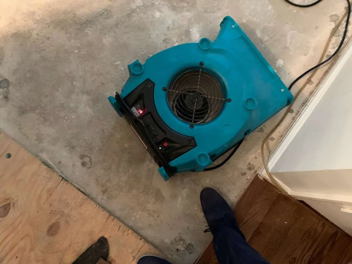 Air mover drying subfloor during Leak Detection & Repair in Martins Ferry